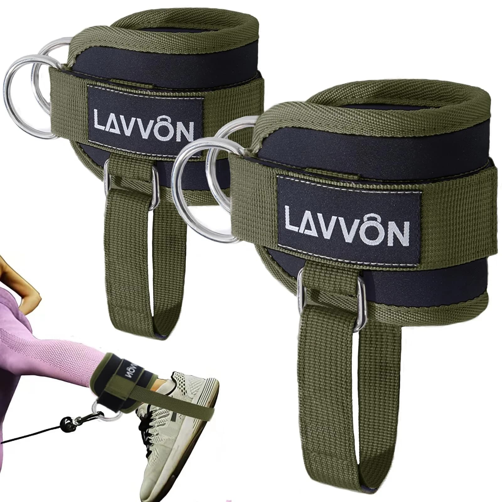 LAVVON Padded Ankle Straps for Cable Machines Kickbacks - Glute Workout Cuffs with Double D-Ring, Army Green (1 Pair)