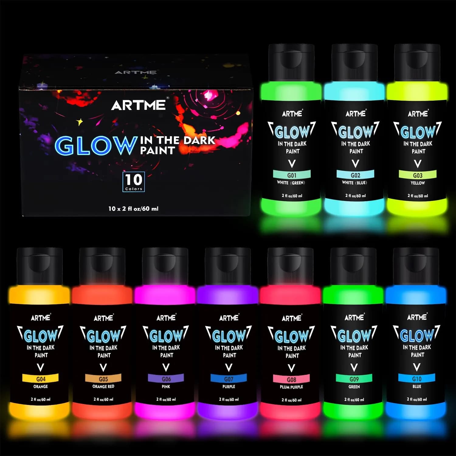 ARTME Glow in The Dark Paint Set, 10 Colors 20 Fl Oz (600ml) | ASTM D-4236 & EN71 Certified Neon Acrylic Craft Paint — 10 Colors