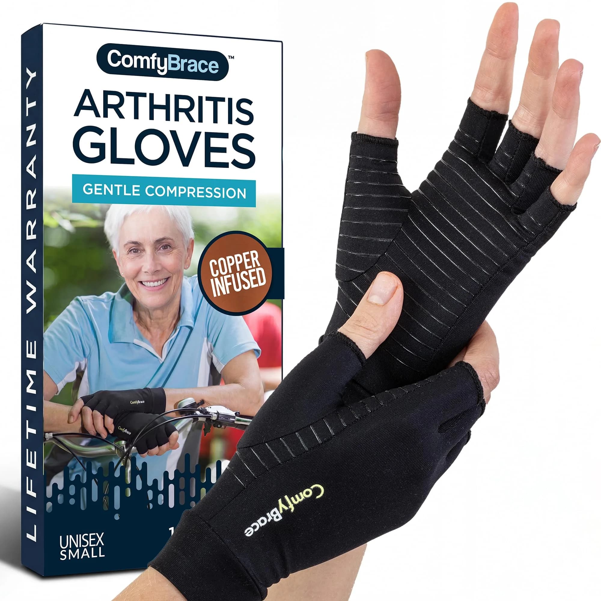 ComfyBrace Copper Infused Arthritis Gloves - Medium, Black | Hand & Finger Relief from Rheumatoid Arthritis, Carpal Tunnel, Tendonitis & Poor Circulation — X-Large (1 Pair)