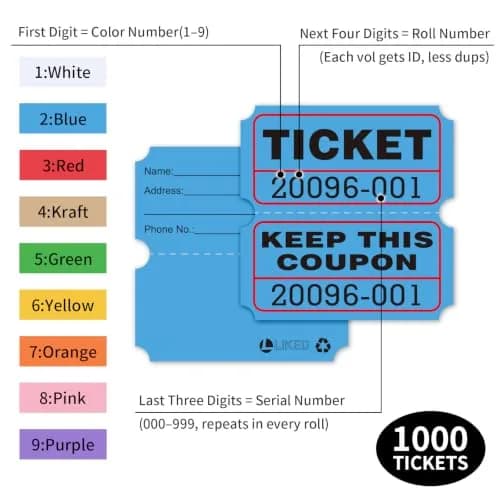L LIKED Blue Raffle Tickets 2" x 2" Double Roll (1000 Pairs) | Consecutive Numbering for Easy Event Management thumbnail 2