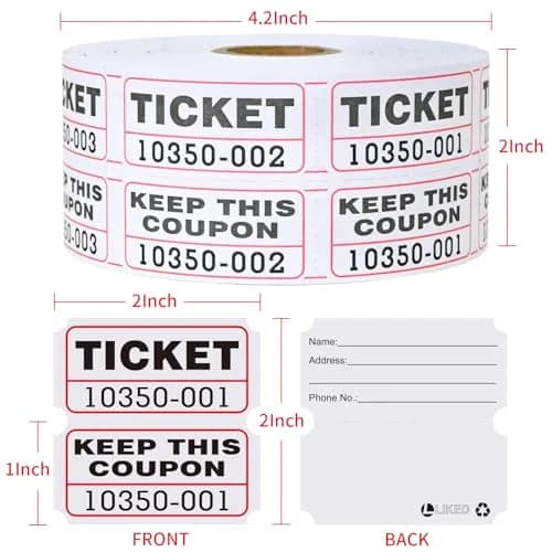 L LIKED White Raffle Tickets 2" x 2", Double Roll, 1000 Pairs/Roll | Consecutive Numbering for Easy Verification thumbnail 2