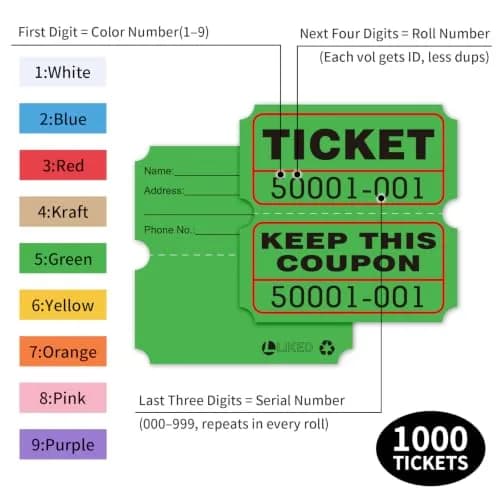 L LIKED Green Raffle Tickets 2" x 2", Double Roll, 1000 Pairs/Roll | Consecutive Numbering for Easy Event Management thumbnail 2