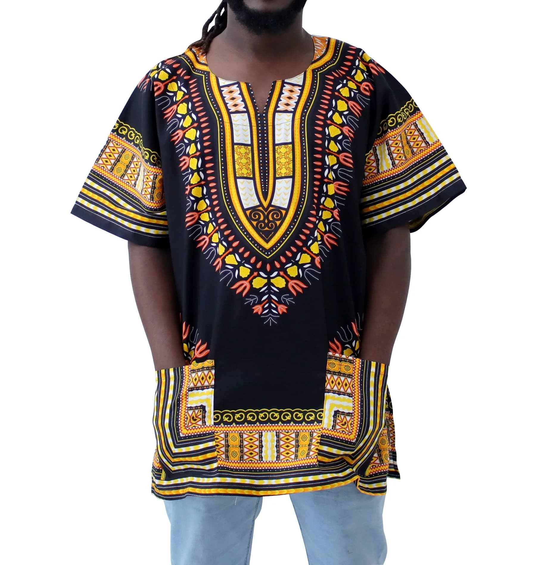 DA'IKI Dashiki Cotton Shirt African Tribal Kaftan Unisex X-Large | Vibrant Summer Cotton