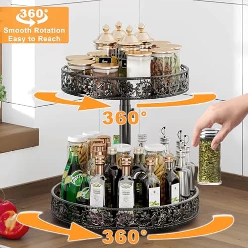 HISKIWUU 2 Tier Lazy Susan Organizer Turntable Height Adjustable | Durable Metal, 360° Swivel, Black thumbnail 2