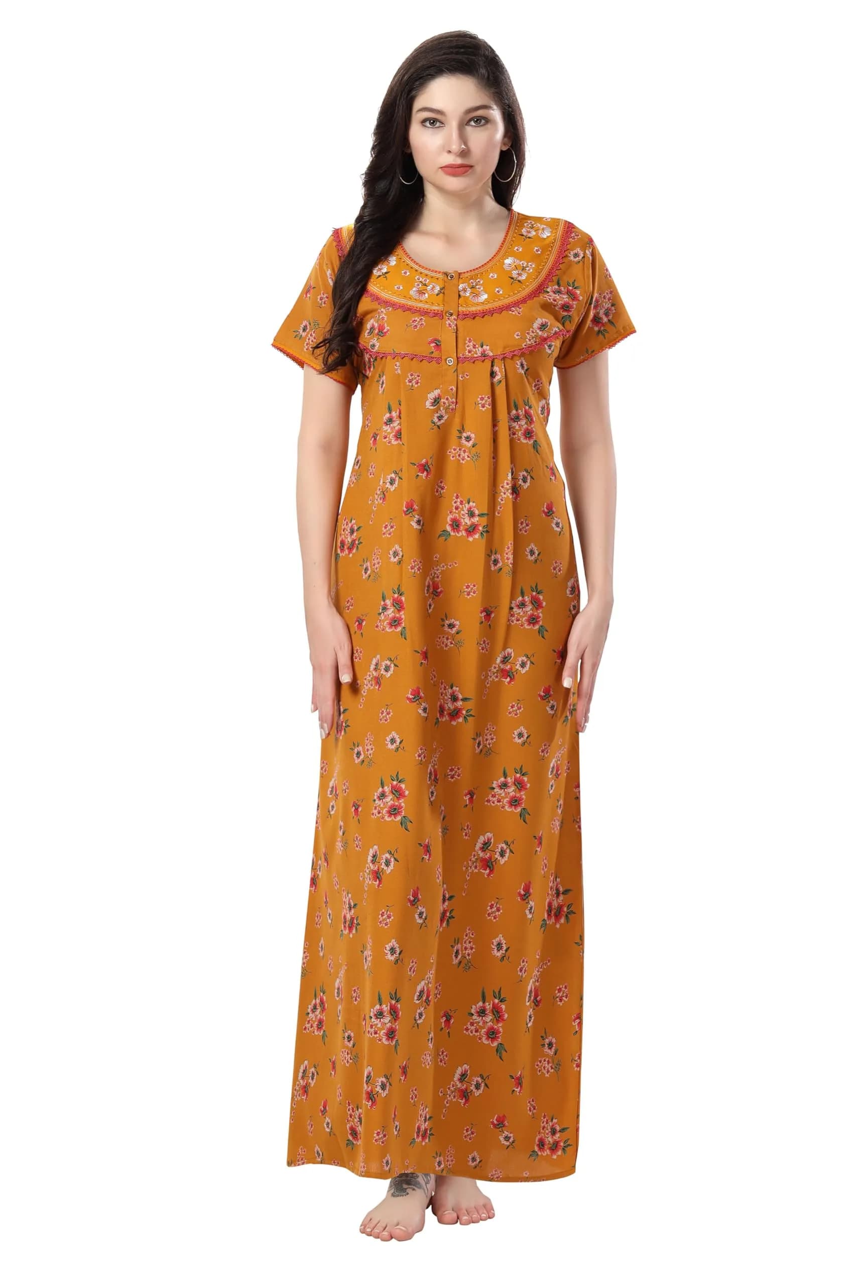 Soulemo Women's Alpine Nighty 1642 Yellow M - Bust 42 | Classic Button-Front Full Length Sleepwear - main product image