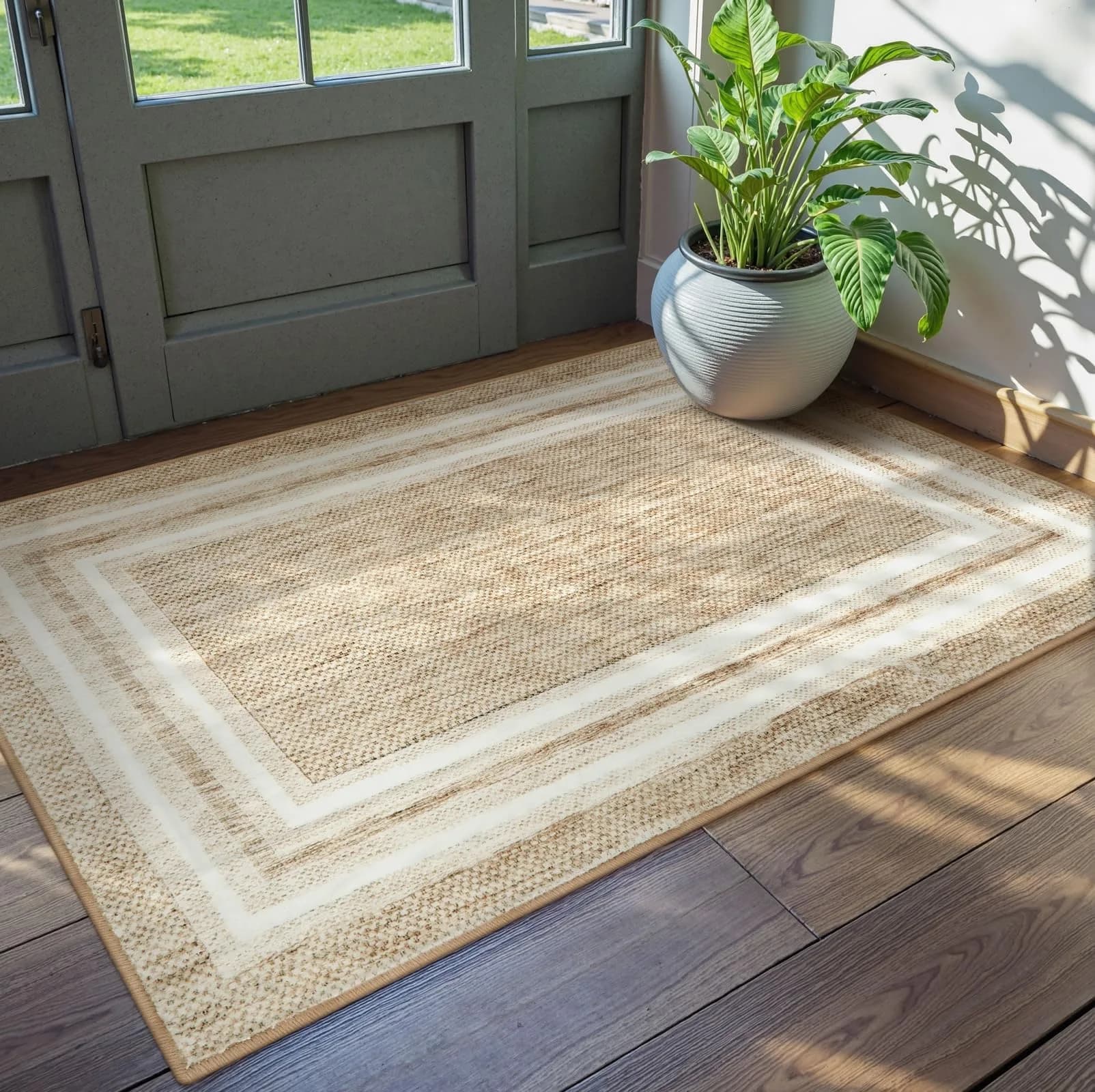 OJIA Modern Bohemian Border Area Rug 0.71m x 0.91m (2'x3') | Non-Slip, Washable, Low Pile for Entryway & Kitchen — Beige / 3' x 5' (Rectangular)