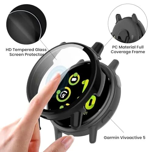 RuenTech Garmin Vivoactive 5 Screen Protector & Case Cover | HD Tempered Glass & Full Cover (1 Pack, Black&Clear) thumbnail 4