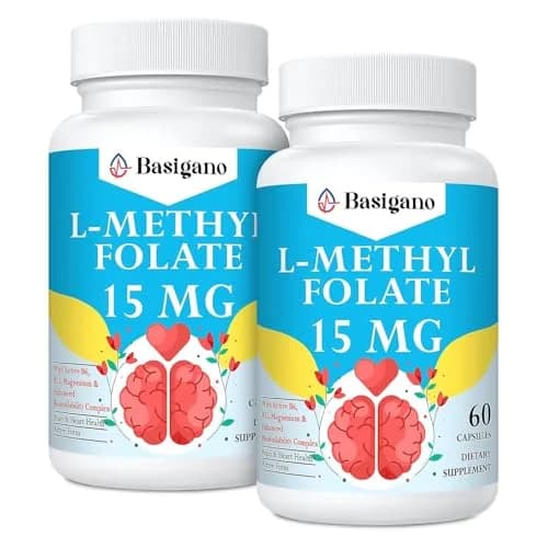 Basigano 15mg L-Methylfolate Capsules | Active Folic Acid with Vitamins B6 & B12 (60 Vegetarian Capsules) thumbnail 1