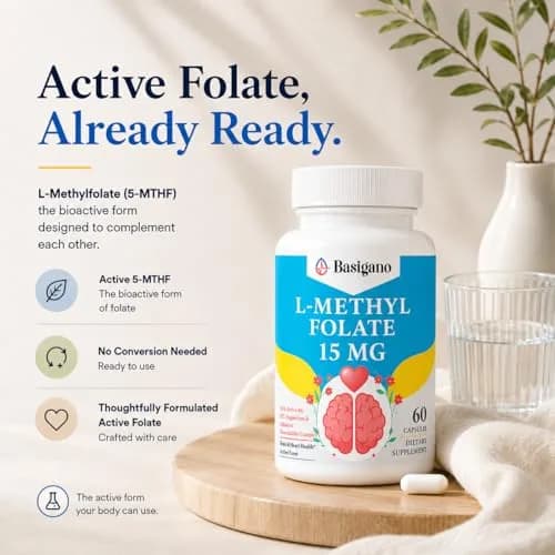 Basigano 15mg L-Methylfolate Capsules | Active Folic Acid with Vitamins B6 & B12 (60 Vegetarian Capsules) thumbnail 3