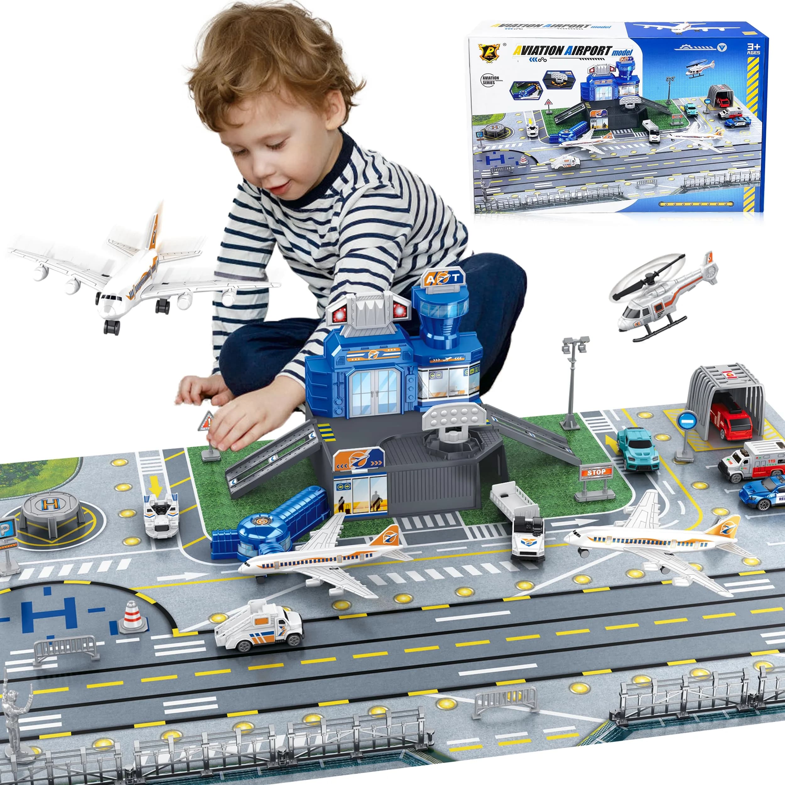 XDUOYJOY Airplane Toy Set with Trucks, Helicopter, Planes, Airport Playmat | Educational Toy Vehicle Set for Kids 3-8 - main product image