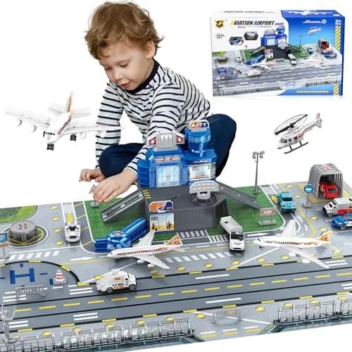 XDUOYJOY Airplane Toy Set with Trucks, Helicopter, Planes, Airport Playmat | Educational Toy Vehicle Set for Kids 3-8 thumbnail 1
