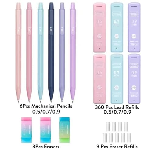 Four Candies Cute Mechanical Pencil Set, 6 Count (Pack of 1) | 0.5mm, 0.7mm, 0.9mm with 360 Leads & Erasers thumbnail 6