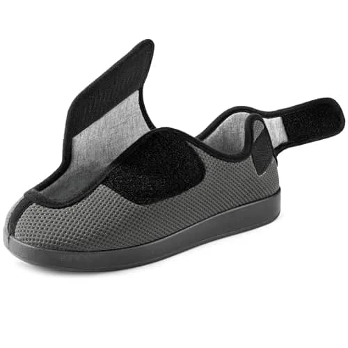 Ravelier Men's Diabetic Wide Waffle Knit Adjustable Slipper, 8W, Grey | Comfortable, Breathable & Secure Fit thumbnail 1