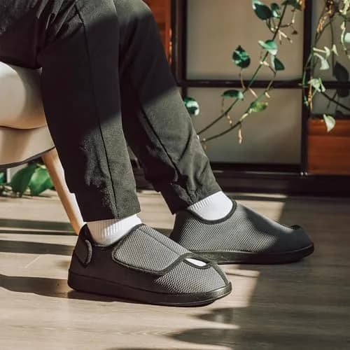 Ravelier Men's Diabetic Wide Waffle Knit Adjustable Slipper, 8W, Grey | Comfortable, Breathable & Secure Fit thumbnail 2