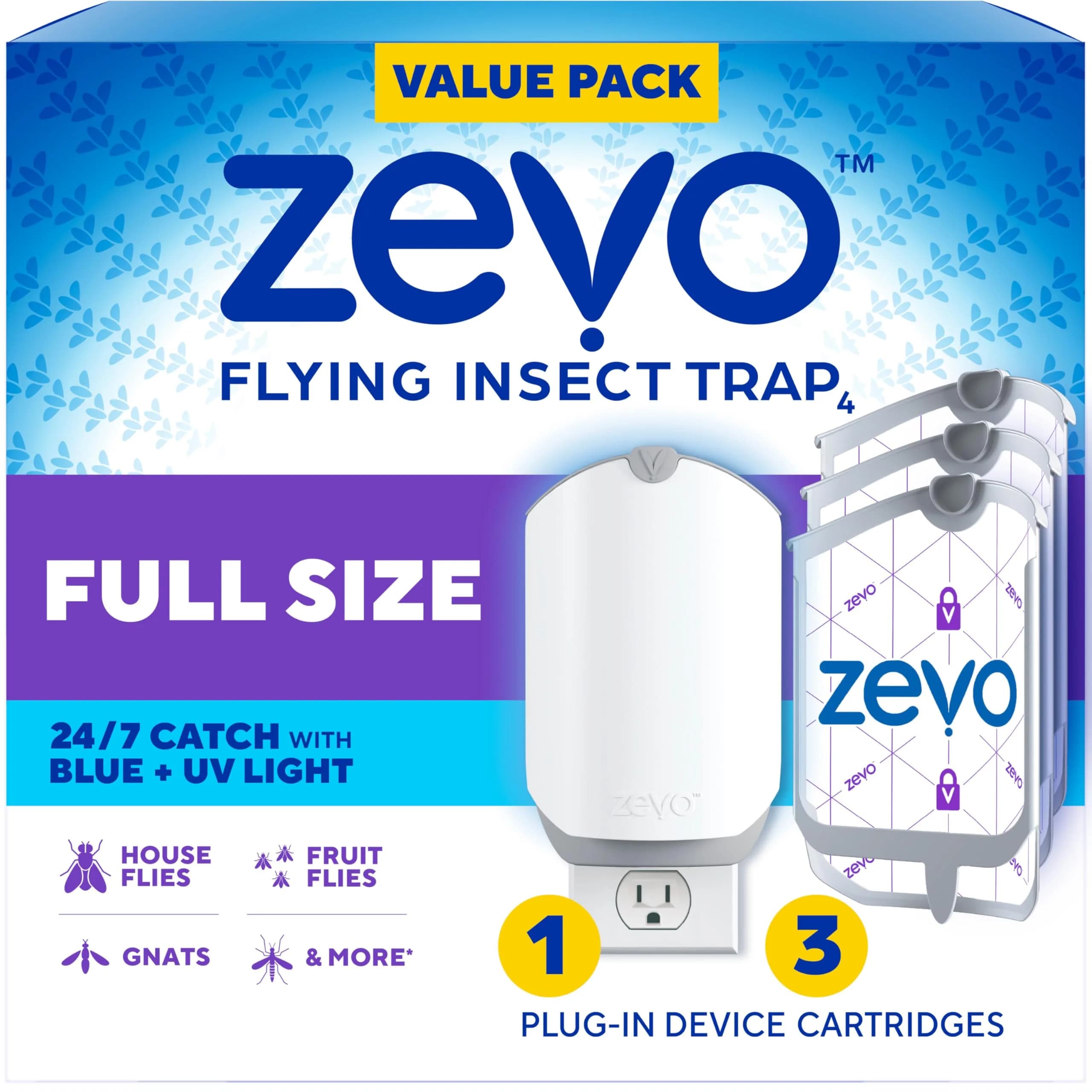 ZEVO Flying Insect Trap with 3 Refills | Catches Fruit Flies, Gnats, House Flies 24/7 Indoors