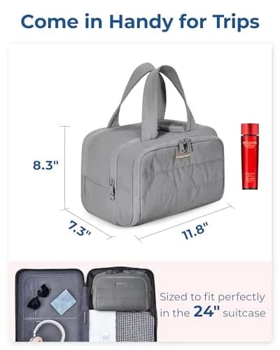BAGSMART Puffy Travel Toiletry Bag for Women - Large Wide-open Cosmetic Makeup Organizer with Handle, Grey | Lightweight & Water-Resistant thumbnail 6