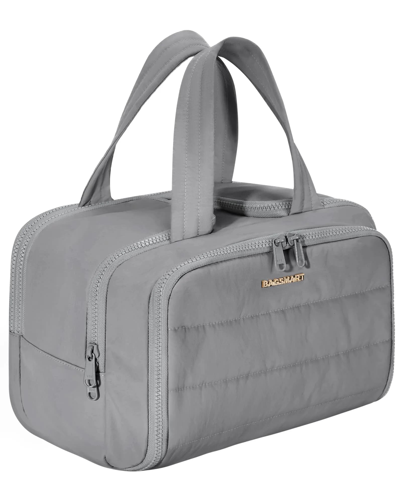 BAGSMART Puffy Cosmetic Makeup Bag Organizer for Women, 29.97cm x 18.54cm x 22.02cm (11.8''L x 7.3''Wx 8.73'H) | Wide-Open Travel Toiletry Bag with Handle — e-Grey