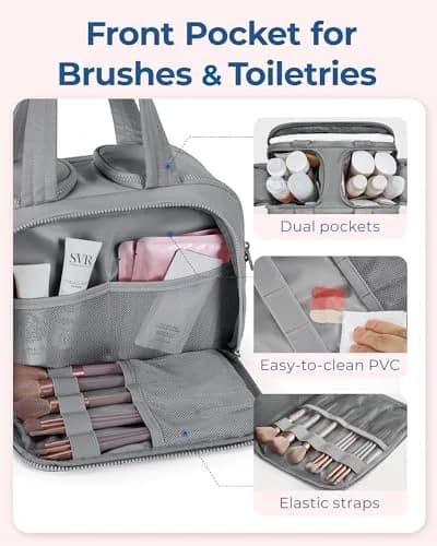BAGSMART Puffy Travel Toiletry Bag for Women - Large Wide-open Cosmetic Makeup Organizer with Handle, Grey | Lightweight & Water-Resistant thumbnail 4