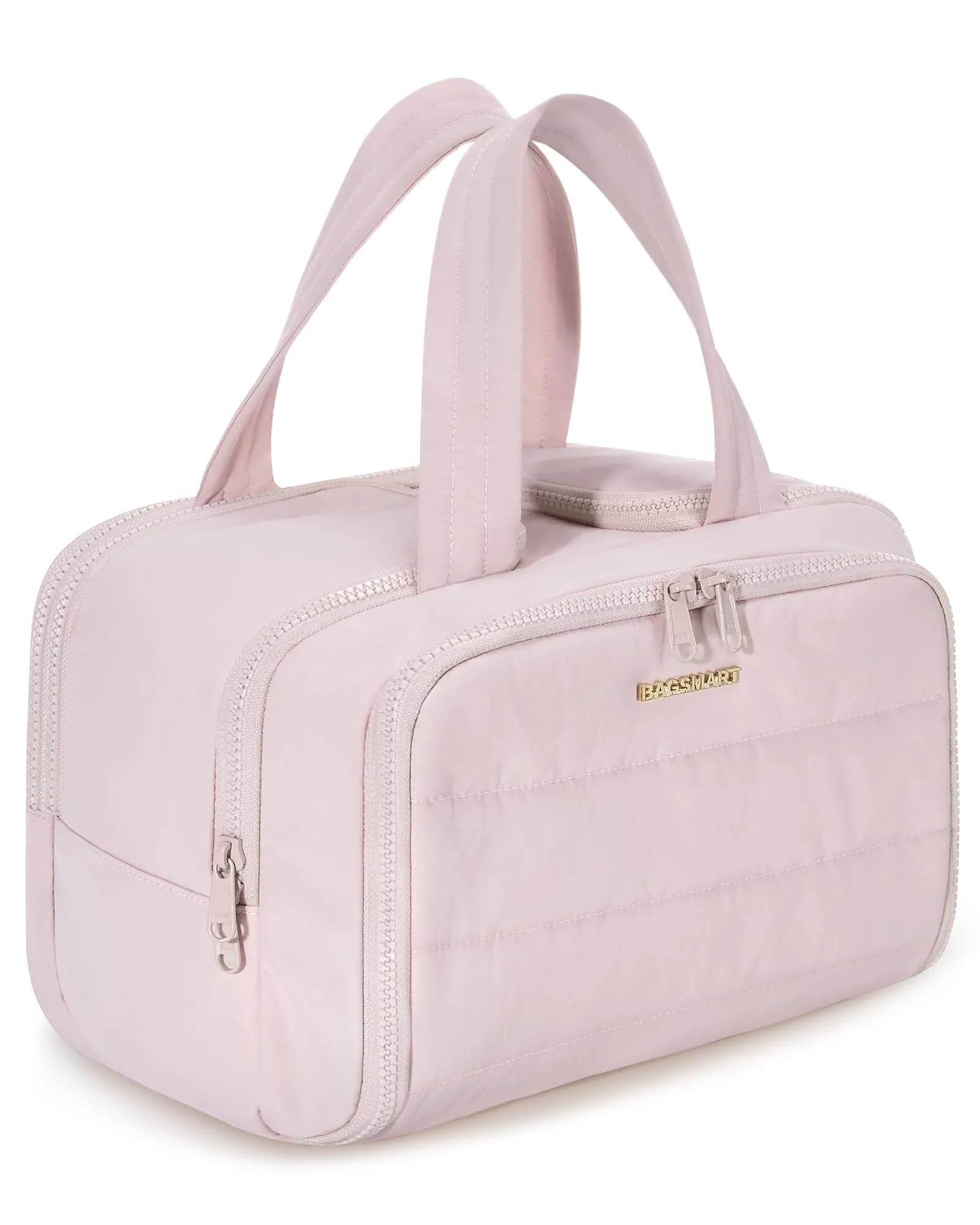 BAGSMART Puffy Cosmetic Makeup Bag Organizer for Women, 29.97cm x 18.54cm x 22.02cm (11.8''L x 7.3''Wx 8.73'H) | Wide-Open Travel Toiletry Bag with Handle — d-Pink