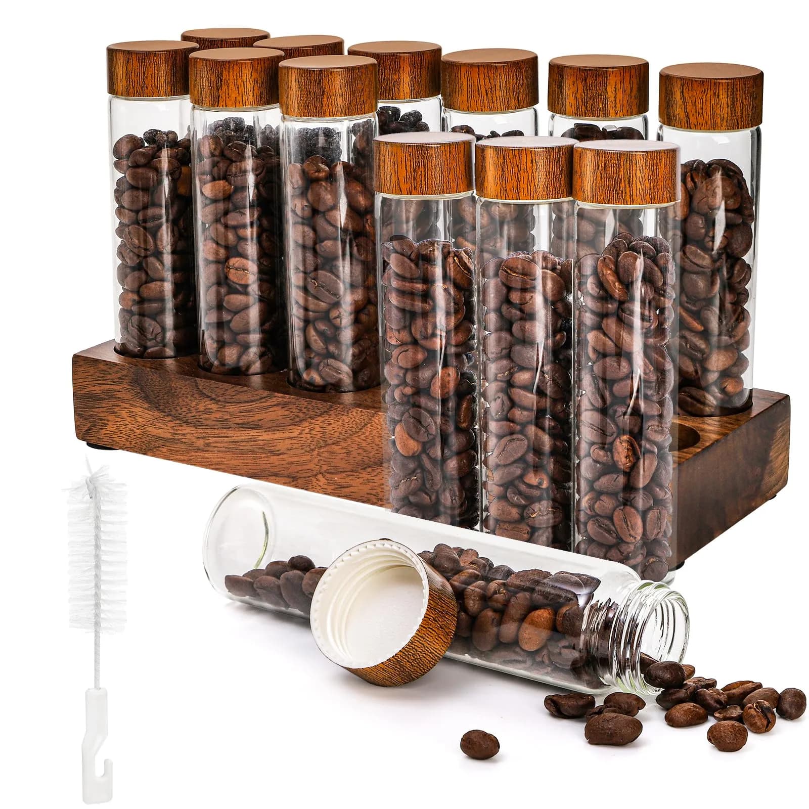 Goaste 12 Pack Borosilicate Glass Coffee Bean Storage Tubes with Walnut Stand & Brush | 33ml (1.1 Fl Oz) Each - main product image