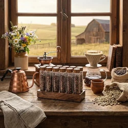 Goaste 12 Pack Borosilicate Glass Coffee Bean Storage Tubes with Walnut Stand & Brush | 33ml (1.1 Fl Oz) Each thumbnail 7