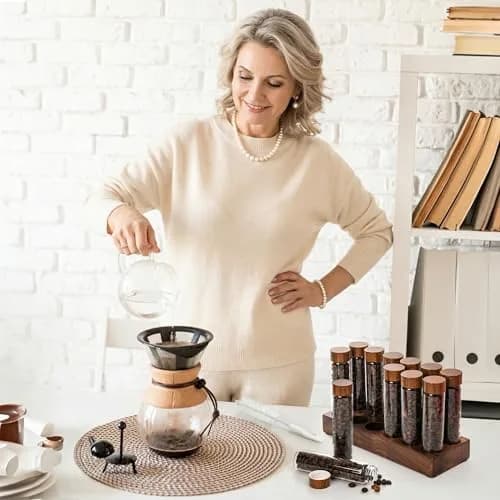 Goaste 12 Pack Borosilicate Glass Coffee Bean Storage Tubes with Walnut Stand & Brush | 33ml (1.1 Fl Oz) Each thumbnail 8