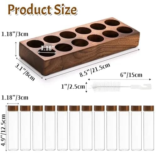 Goaste 12 Pack Borosilicate Glass Coffee Bean Storage Tubes with Walnut Stand & Brush | 33ml (1.1 Fl Oz) Each thumbnail 2