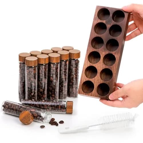 Goaste 12 Pack Borosilicate Glass Coffee Bean Storage Tubes with Walnut Stand & Brush | 33ml (1.1 Fl Oz) Each thumbnail 3