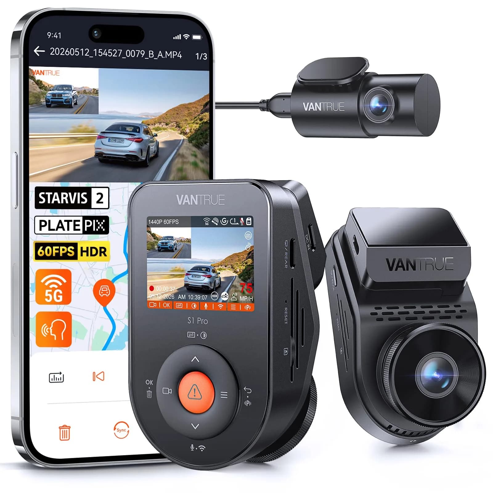 VANTRUE S1 Pro 2-Channel Dash Cam 1440P + 1080P | STARVIS 2 Night Vision, GPS, WiFi, AI Safety - main product image