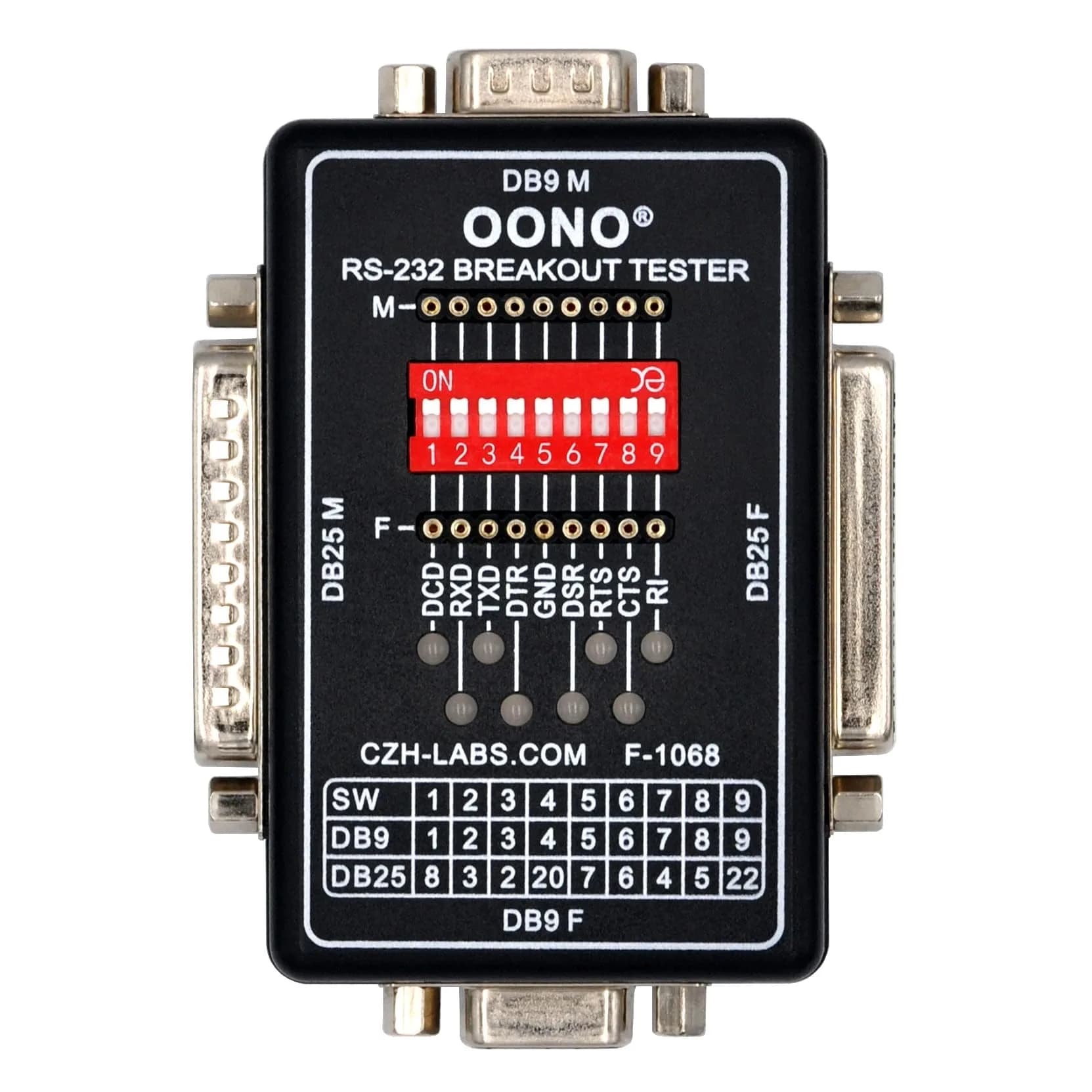 OONO RS232 Breakout Tester LED Monitor Module DB9M/F x DB25M/F, 1 Unit