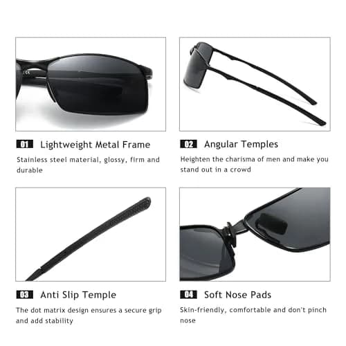 SUNGAIT Polarized Sunglasses Men Rectangular Metal Frame with Spring Hinge | UV Protection & Lightweight thumbnail 3