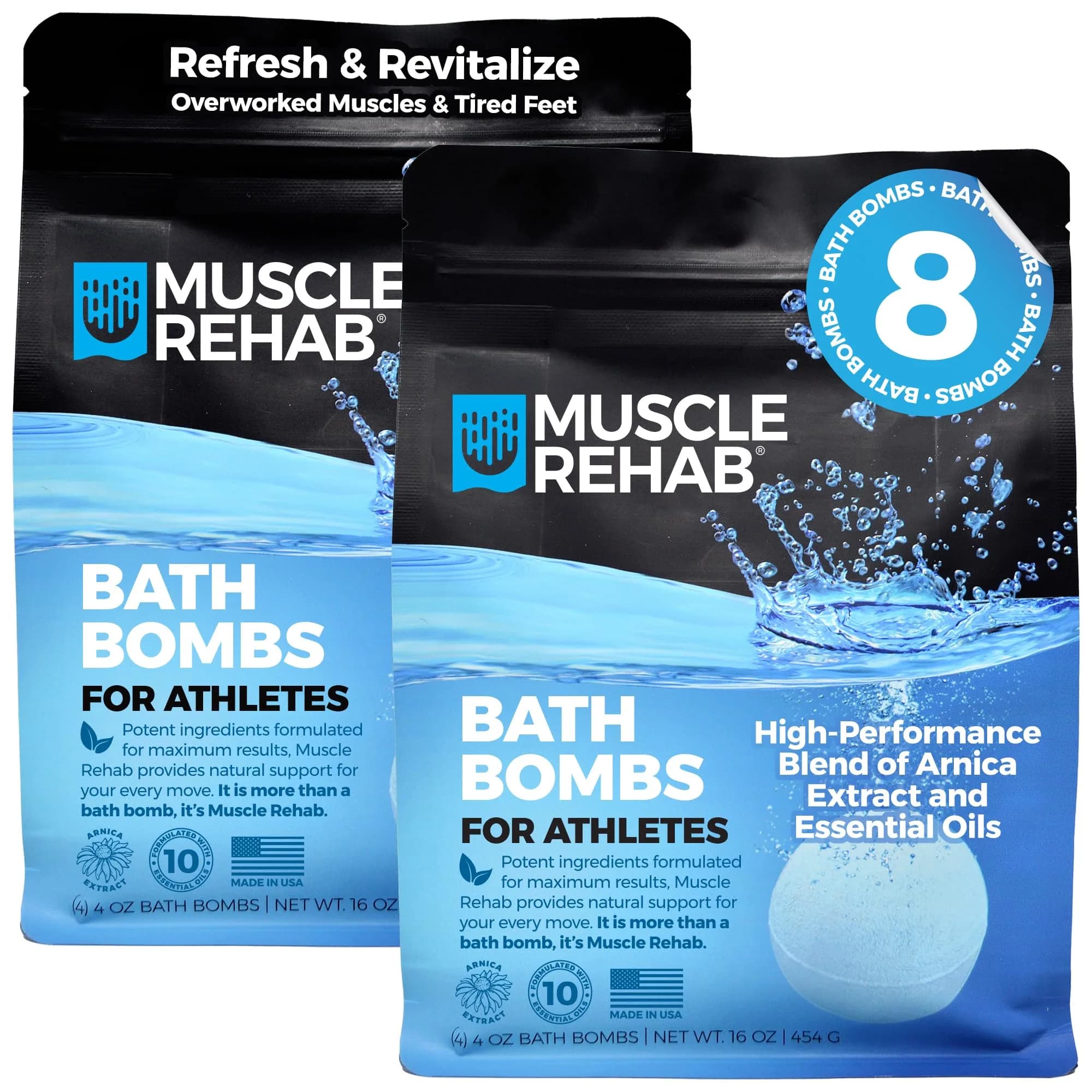 Muscle Rehab Epsom Salt Bath Bombs 8 Pack | Magnesium Recovery with Arnica & Essential Oils for Post-Workout Relaxation