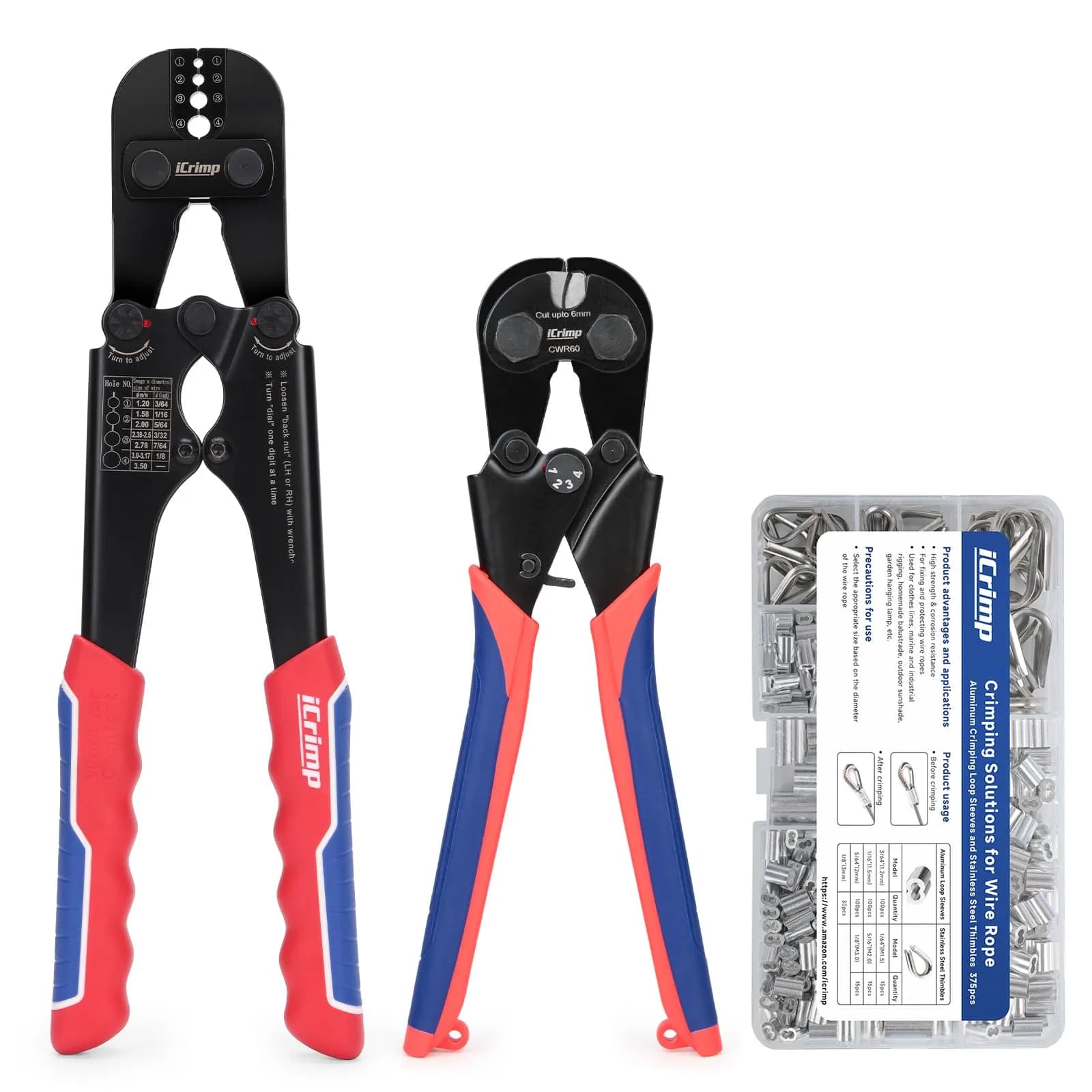 IWISS 1608M4 Wire Rope Crimper Kit with Cutter & Terminal Case, 3/64"–1/8" (1.2-3mm) | Crimps Oval, Double-Barrel, Copper Sleeves