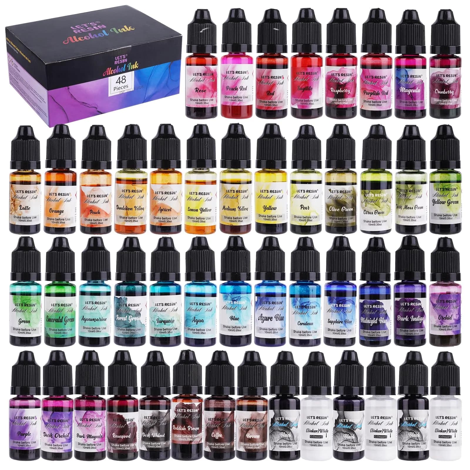 LET'S RESIN Concentrated Alcohol Ink Set 26 Colors (10ml/0.35oz Each) | Vibrant, Highly Pigmented for Resin Art — 48 Colors