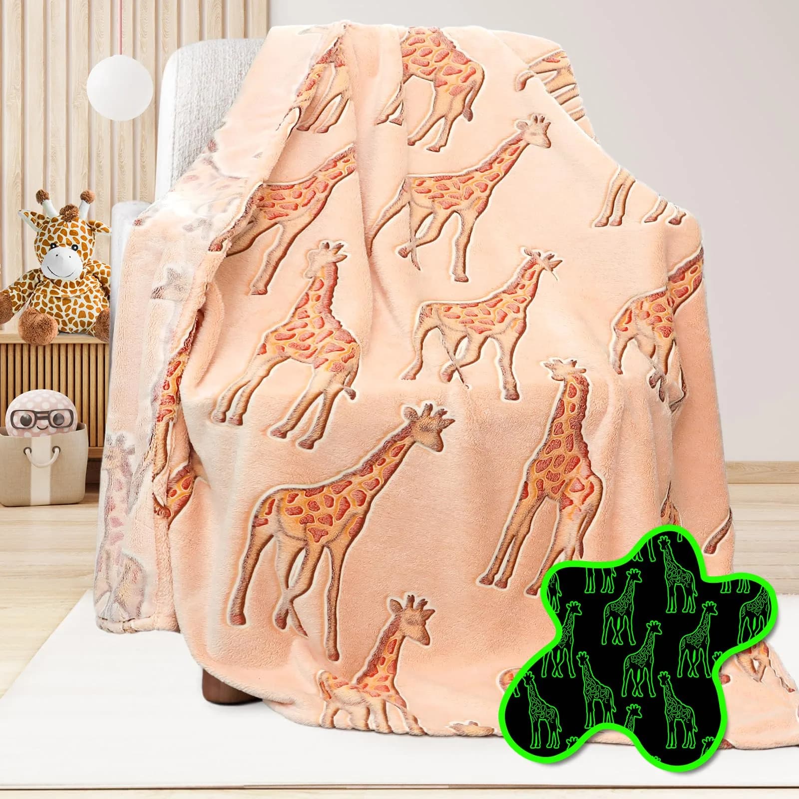 UOFON Construction Truck Excavator Blanket for Boys, Kids, 50" x 60" | Glow in the Dark Cozy Fleece Throw — Glow Giraffe / Throw Size 50" x 60"