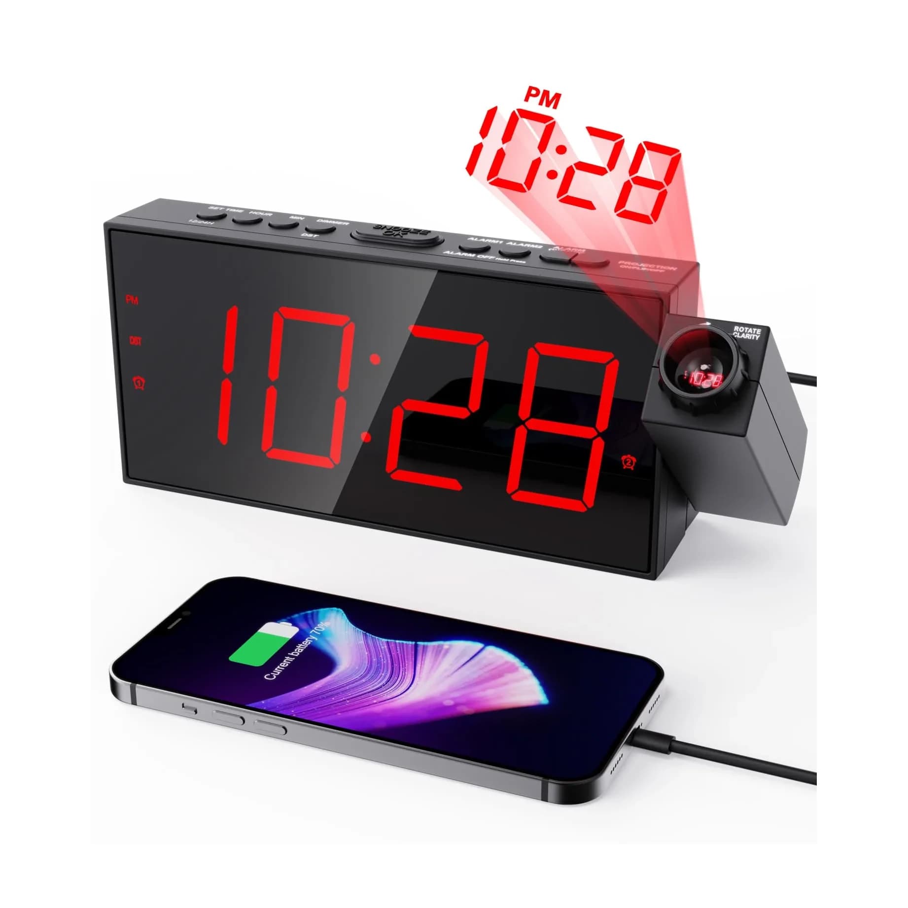 OnLyee Projection Alarm Clock for Bedroom Ceiling, 180° Projector, Dual Alarm, 7" Blue LED Display | Modern Bedside Clock — Red Projection