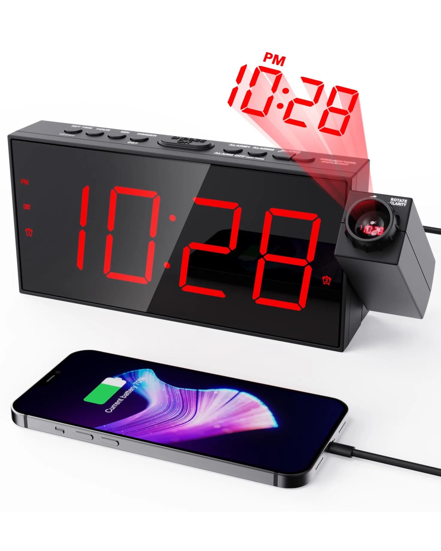 OnLyee Projection Alarm Clock for Bedroom Ceiling, 180° Projector, Dual Alarm, 7-Inch Red LED Display | Modern Design with USB Charging — Red Projection