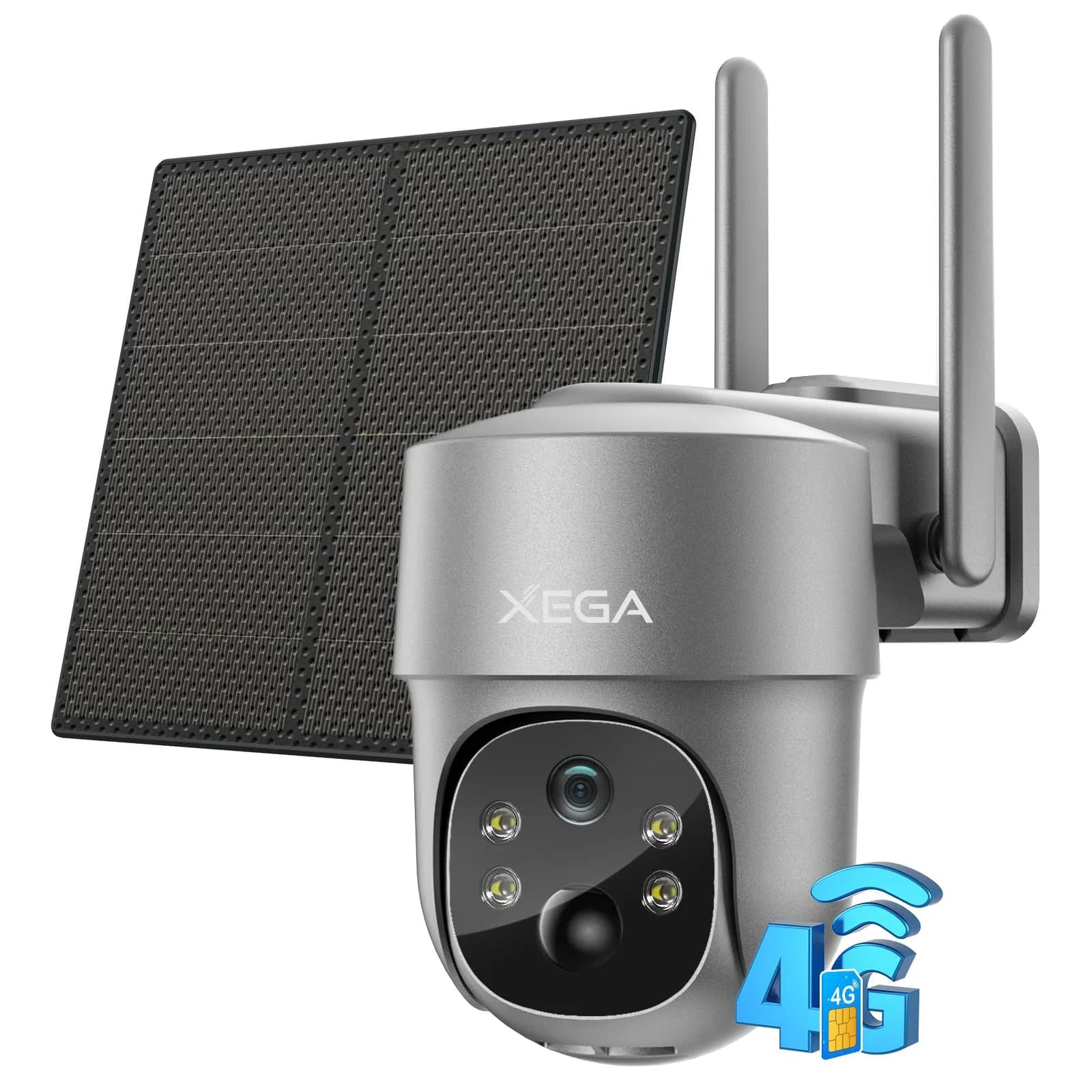 Xega 4G LTE Solar Cellular Security Camera with SIM Card, 2K HD PTZ, 10m Cable | No WiFi Needed — Gray