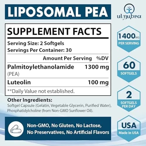 Ulmubra Liposomal Palmitoylethanolamide 1300 MG + Luteolin 100 MG | Superior Absorption for Discomfort Relief thumbnail 4