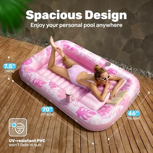 Sloosh Inflatable Tanning Pool Lounger Float 70" x 46" | Ergonomic Solo Comfort Design thumbnail 2