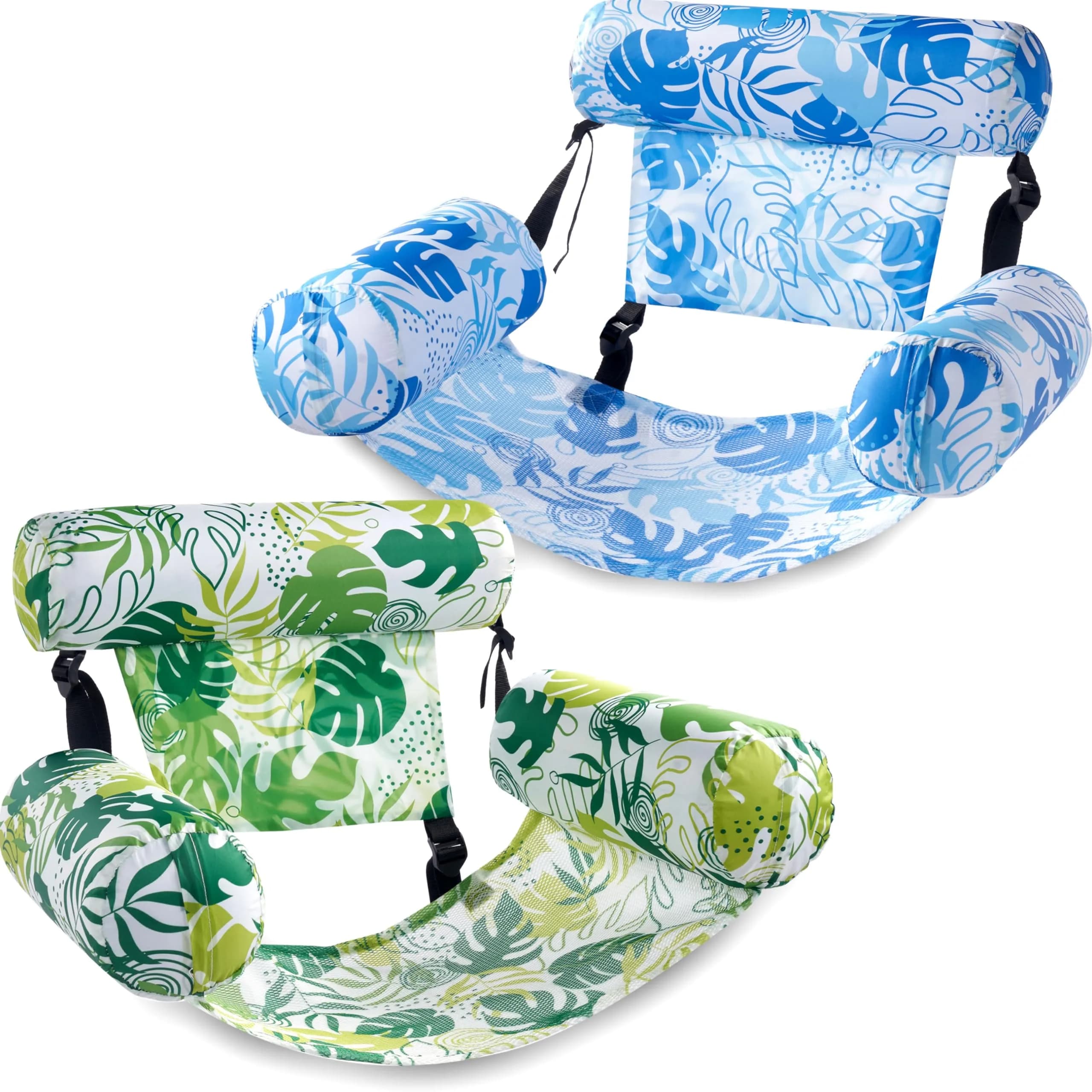 Sloosh Inflatable Pool Float Chairs 2-Pack 76x41x61 cm (30"x16"x24") | Tropical Leaves Design with Mesh Sling — Summer Leaves