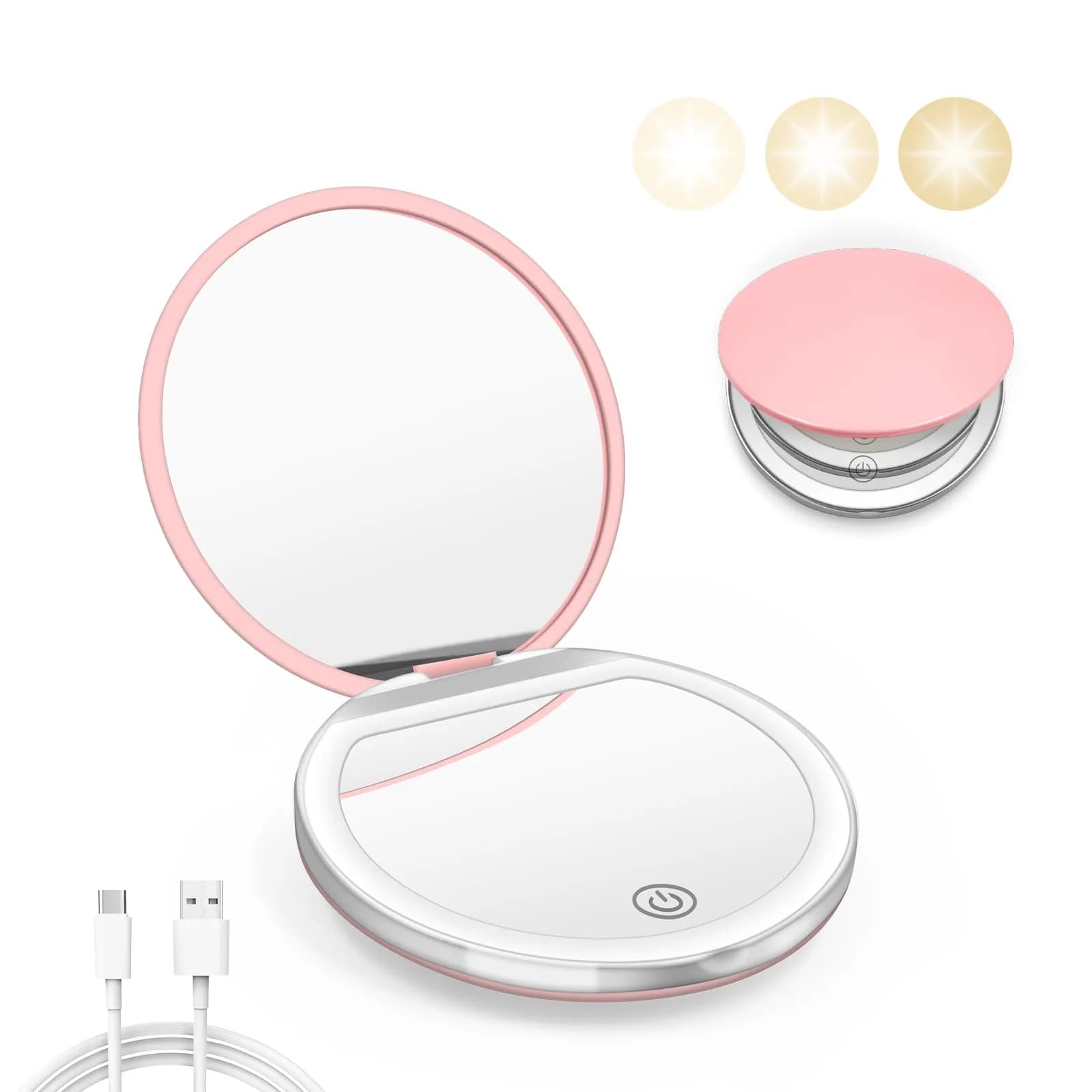 Kakuje Pink Compact Mirror with Light, 1X/3X Magnification LED Pocket Mirror | Rechargeable, Portable, Travel-Ready - main product image