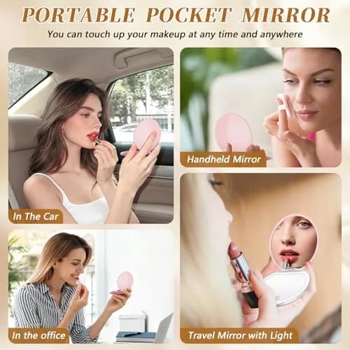 Kakuje Pink Compact Mirror with Light, 1X/3X Magnification LED Pocket Mirror | Rechargeable, Portable, Travel-Ready thumbnail 2