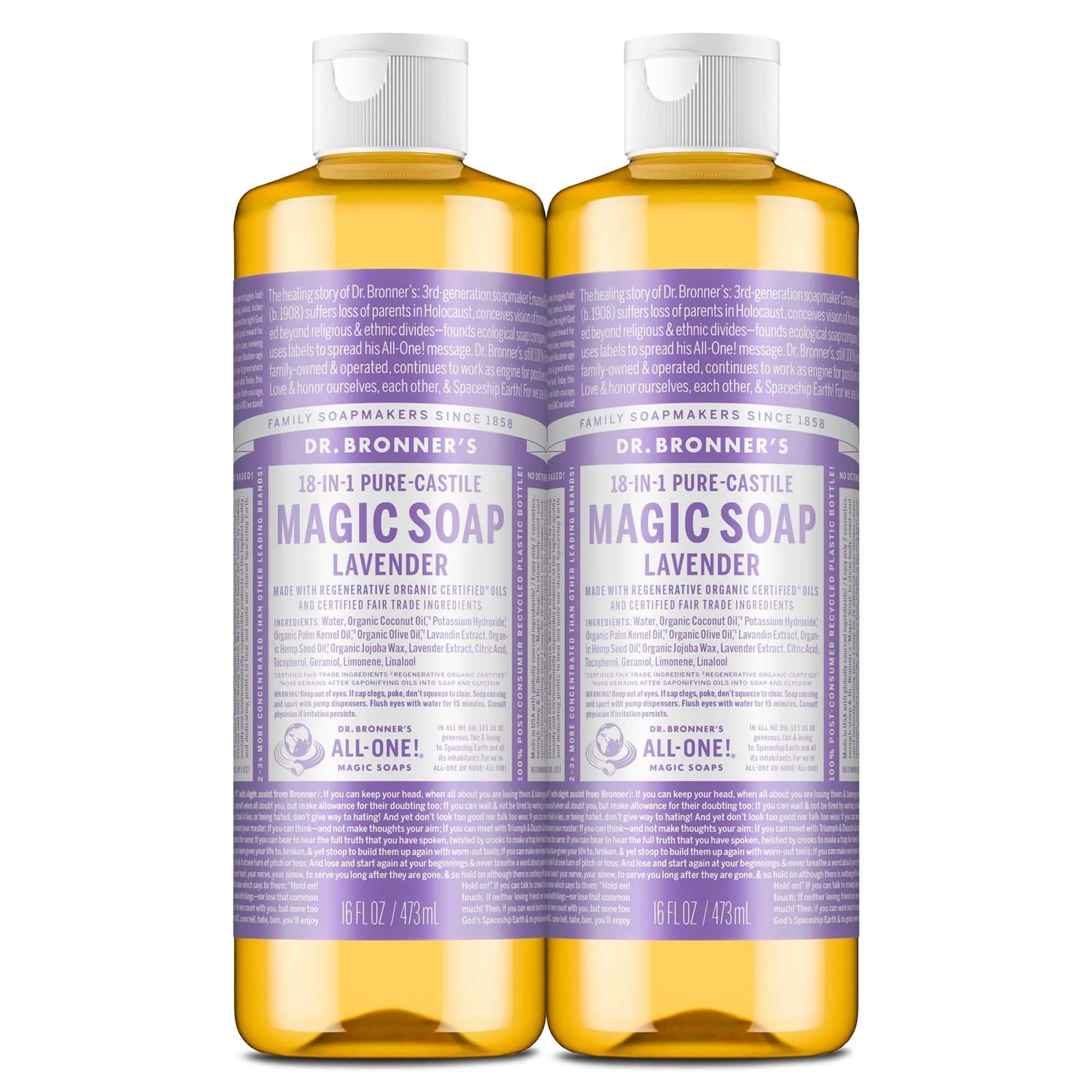 Dr. Bronner's Lavender Pure-Castile Liquid Soap 16 fl oz (32 US fl oz) | Gentle Multi-Use Cleanser for Skin, Hair, and Home - main product image