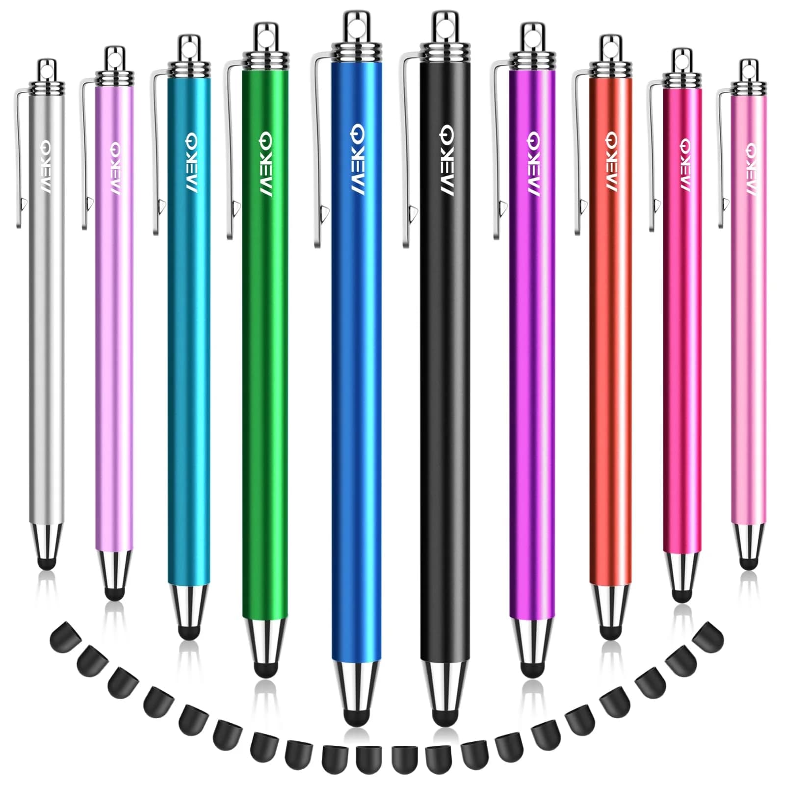 MEKO 10 Pack Thin Stylus Pens with 20 Replacement Tips | Universal Capacitive Touchscreen Stylus for iPad, iPhone, Android Tablets & Smartphones (Multicolor) — multicolored