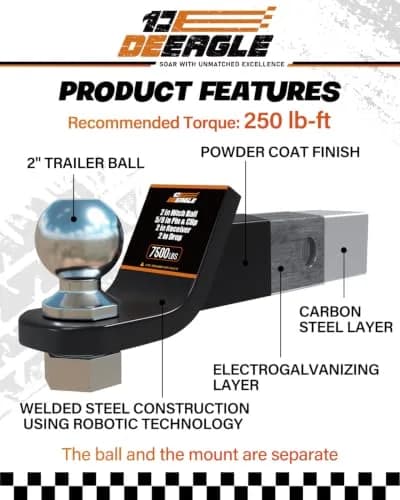DEEAGLE 2 Inch Trailer Ball Hitch with Pin, 7500lbs GTW | Fits 2" Receivers thumbnail 4