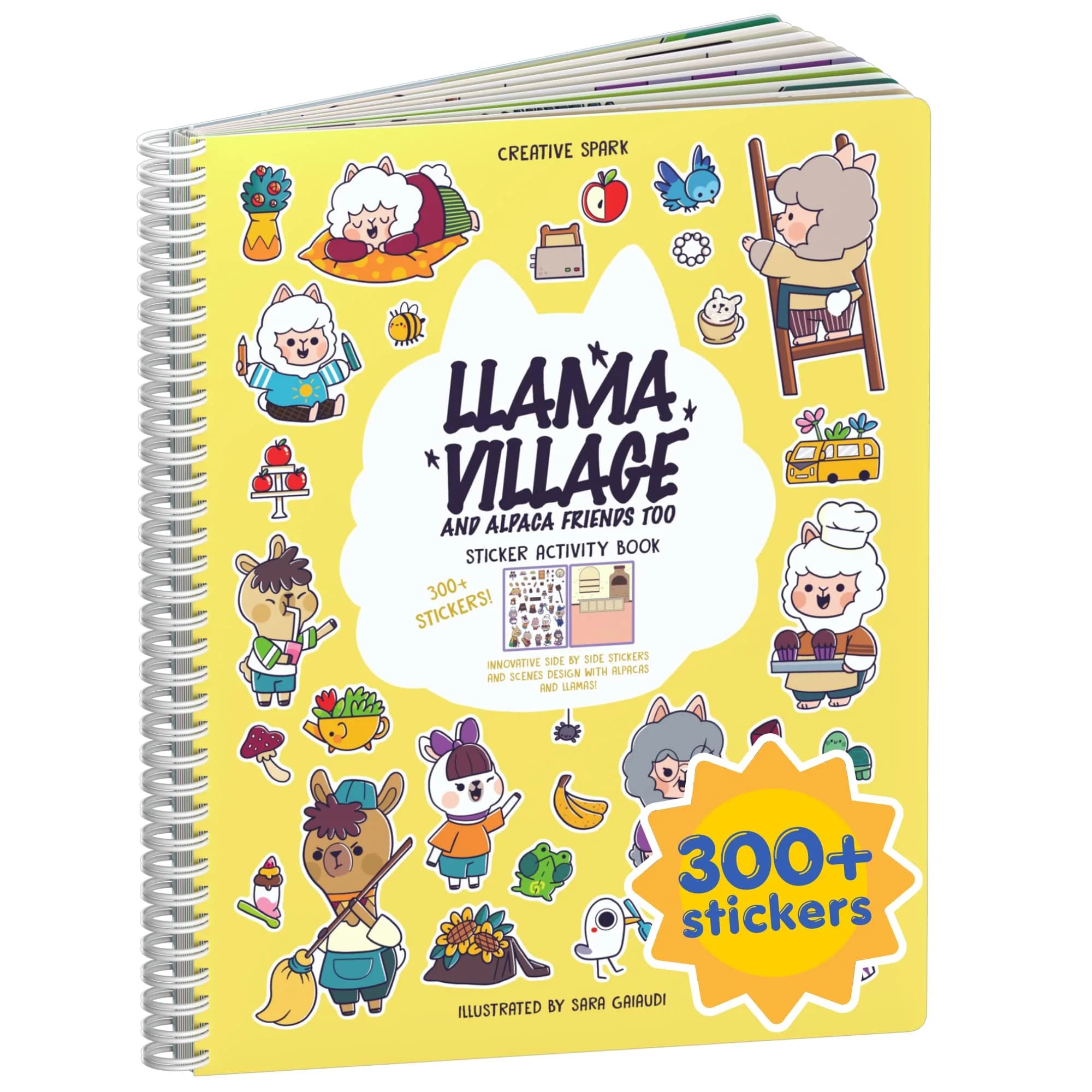 CUPKIN Llama Village Sticker Book with 300+ Stickers & Coloring Pages, Lay-Flat Spiral Bound, Ages 2-8