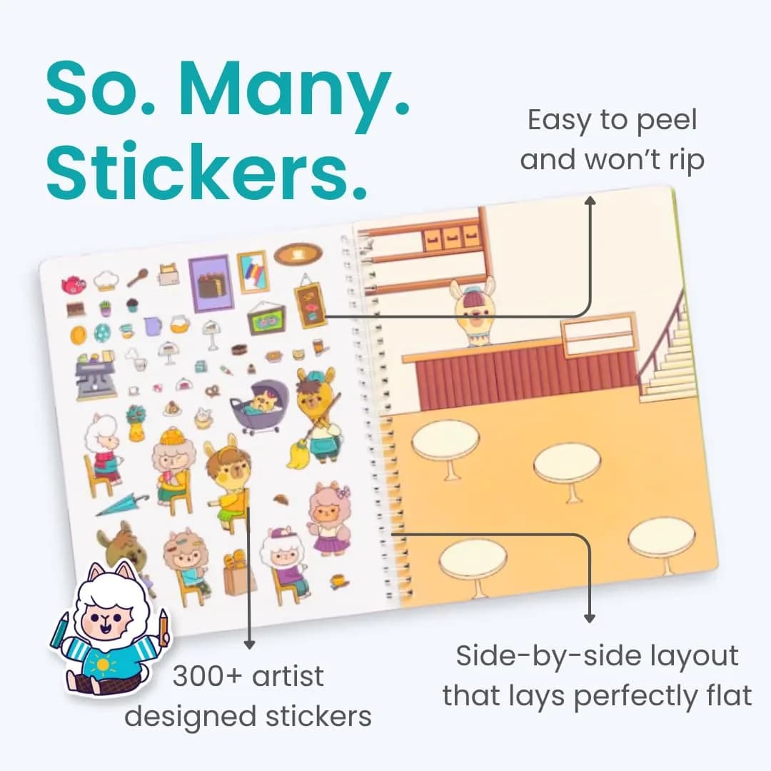 CUPKIN Llama Village Sticker Book with 300+ Stickers & Coloring Pages, Lay-Flat Spiral Bound, Ages 2-8 thumbnail 3
