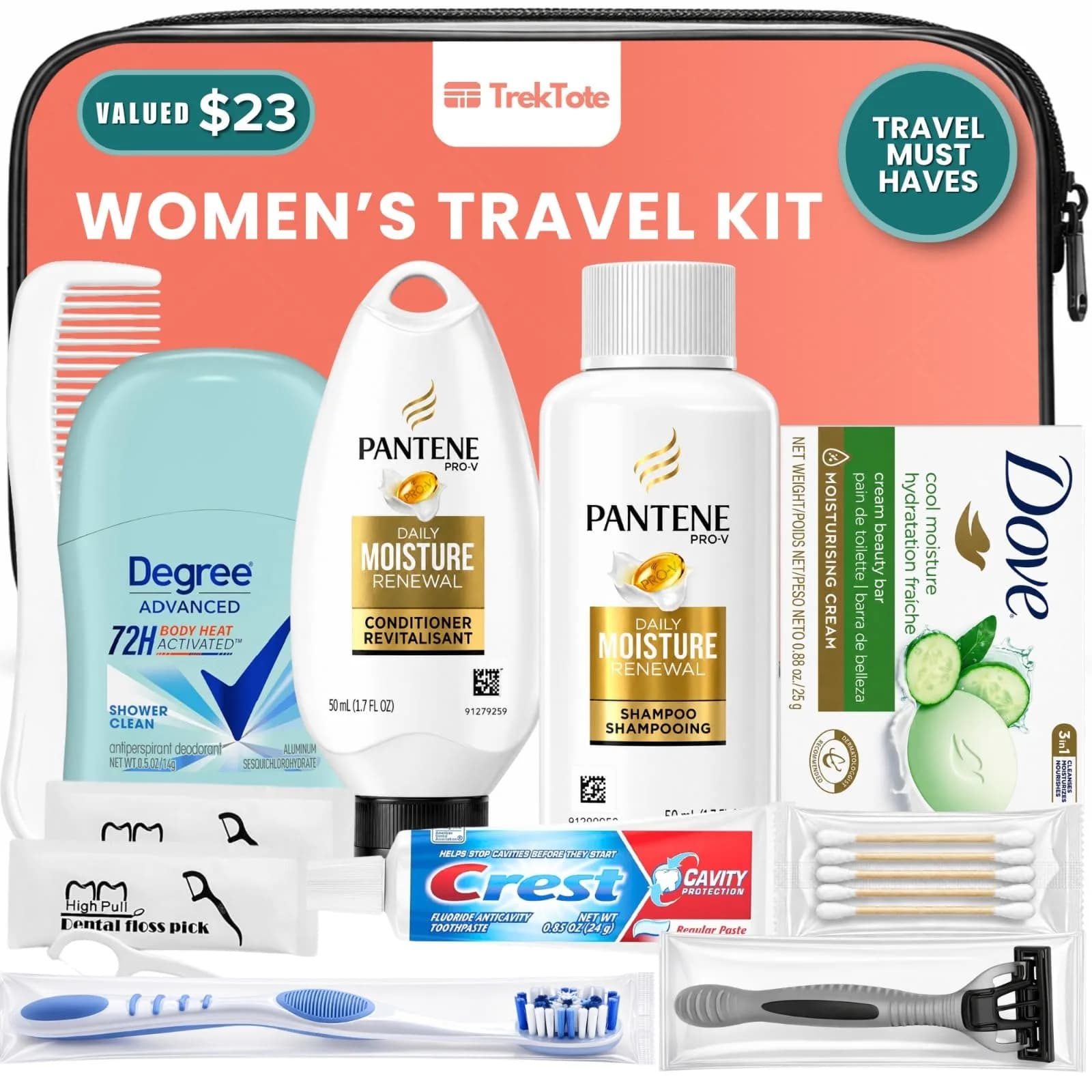 TREKTOTE Travel Essentials Kit for Women – 15 Piece TSA Approved Toiletry Bag & Travel Size Kit