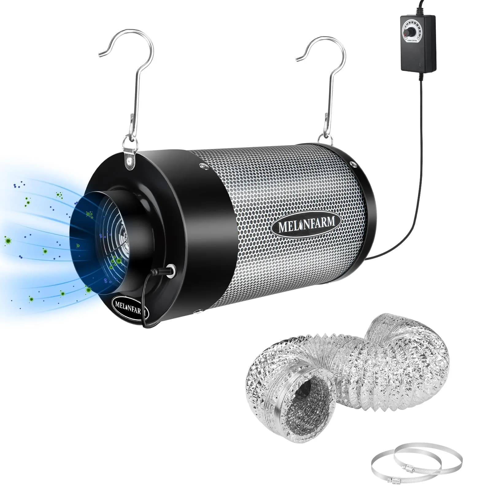 MELONFARM 4 Inch Air Carbon Filter with Australia Virgin Charcoal | Odor Control for Grow Tent & Hydroponics — 4"Fifer+Fan+Ducting